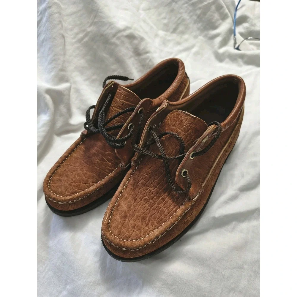 Russell Moccasin Co. 7.5 E Brown Exotic Leather Lace-Up Mens Fishing Boat EUC